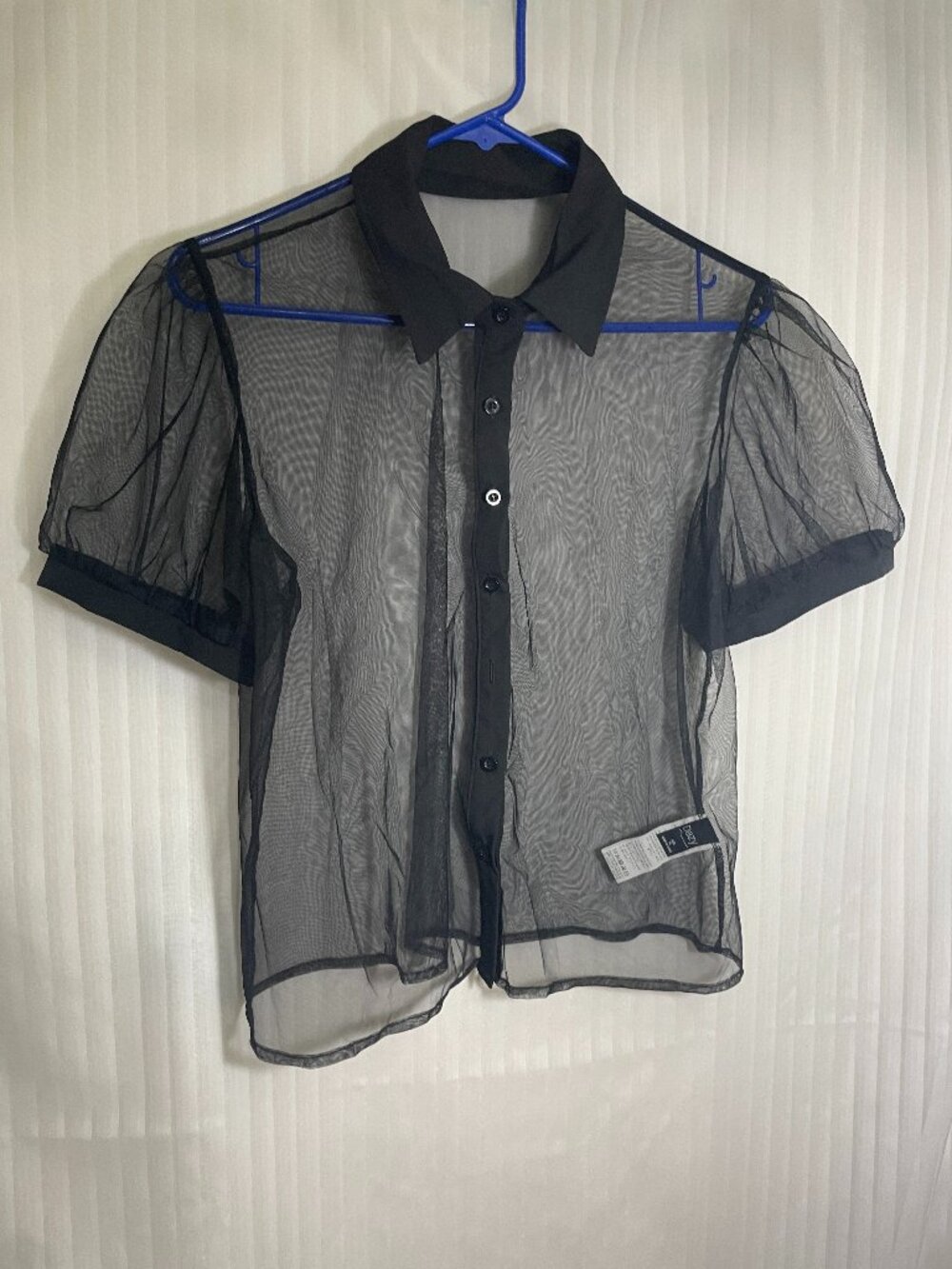 DAZY Women's XL Black Sheer Mesh Blouse Puff Sleeve Collared Button Front